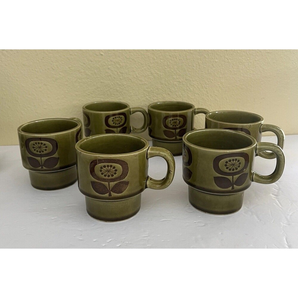 Vtg Retro Stackable Avocado Green Floral Ceramic Mugs Lot of 6 Japan READ - Picture 9 of 9